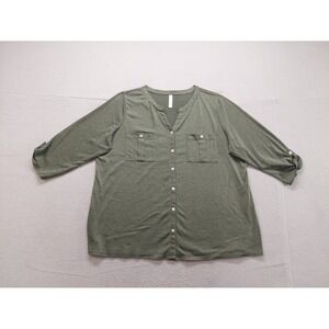Per Seption Women Top 2X Green Button Up V Neck Chest Pockets 3/4 Sleeve Casual‎